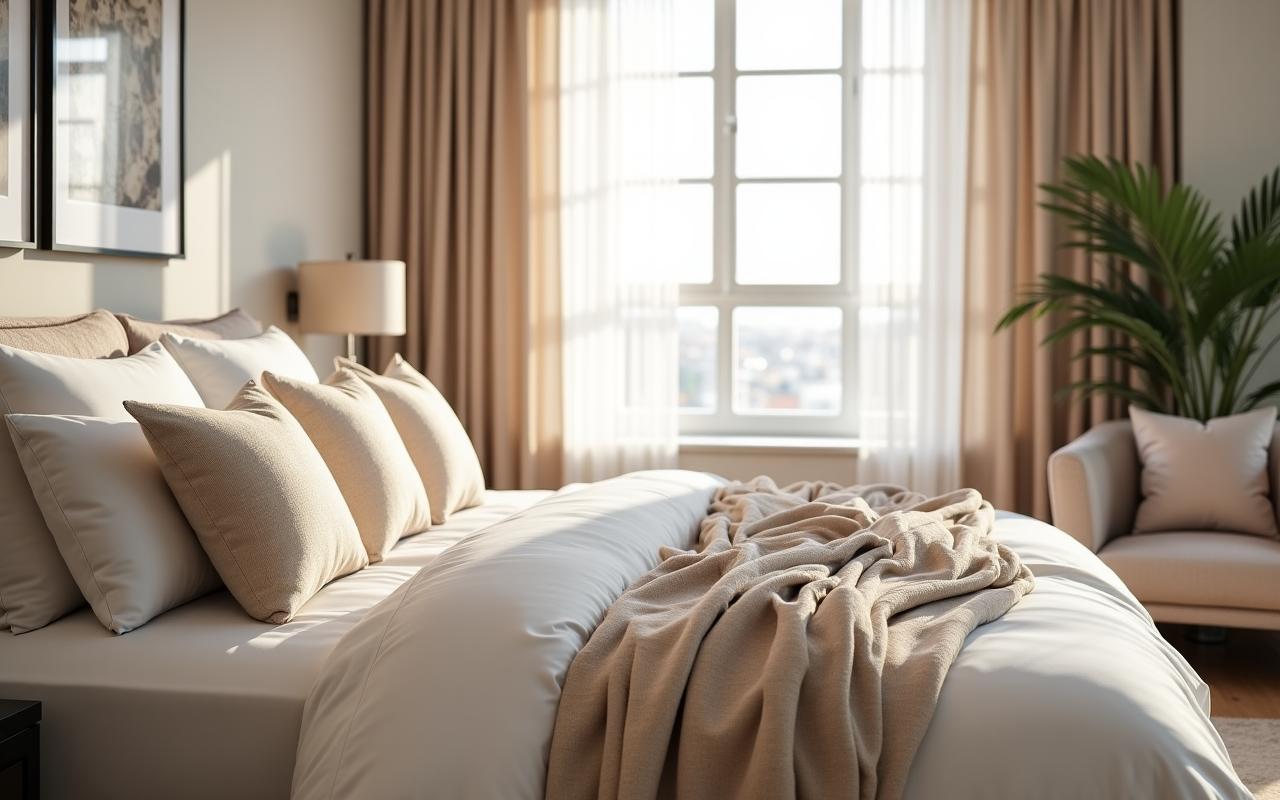 Stunning boutique hotel suite in Nashville featuring Cadence Comforts neutral linens